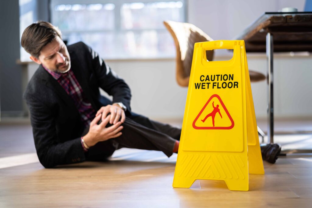 Man injured after slipping on wet floor near caution sign, representing slip and fall accident and premises liability claim.