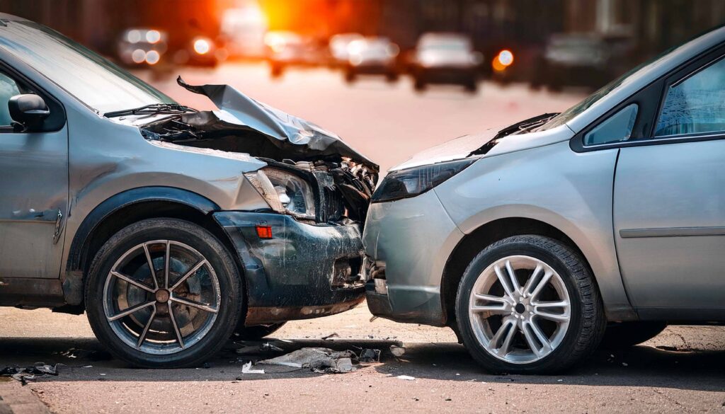 Front-end car collision on city street with severe vehicle damage, representing auto accident injury and insurance claim case.
