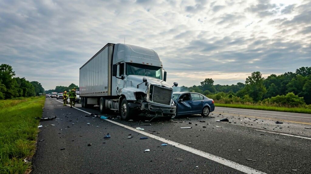 Semi-truck and car collision on highway with debris scattered across road and emergency responders at crash scene Semi-truck and car collision on highway with debris scattered across road and emergency responders at crash scene